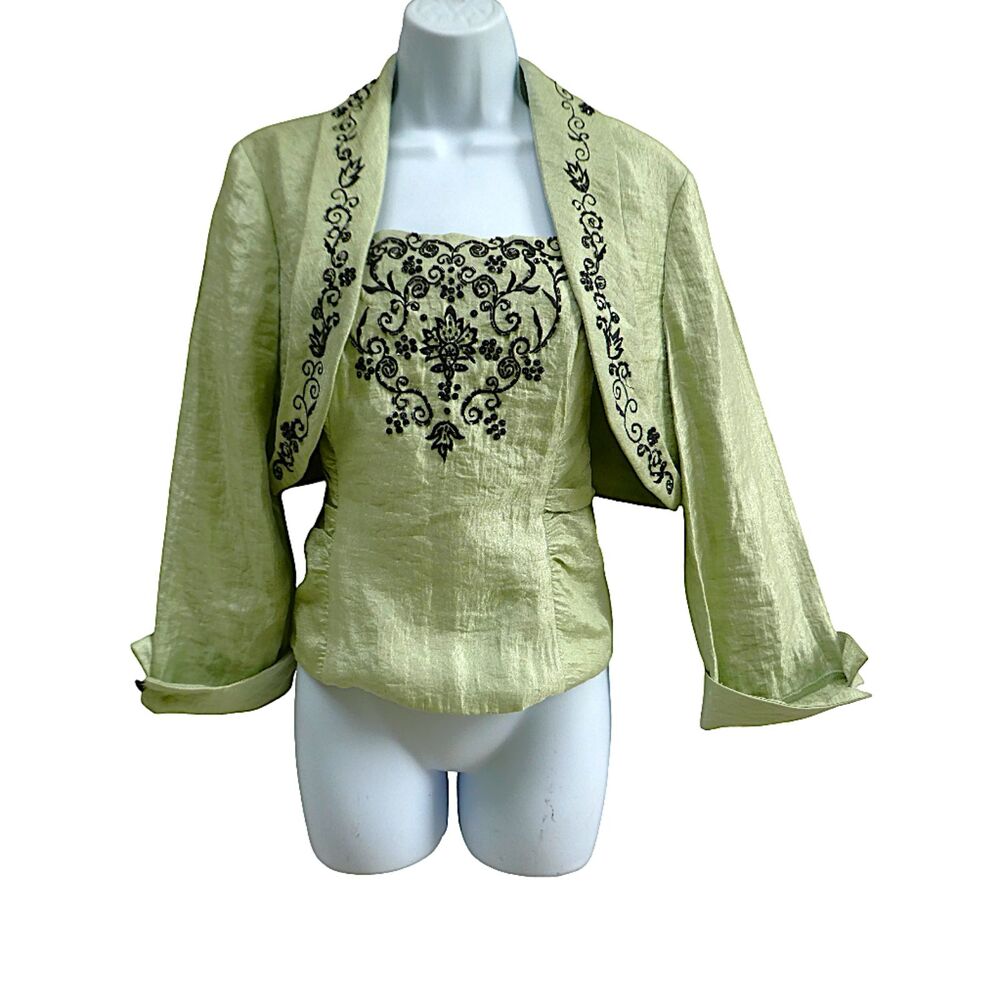 Vintage Expo 2pc Green Cami Corset Bolero Jacket Set Black Beaded Boning 10 L